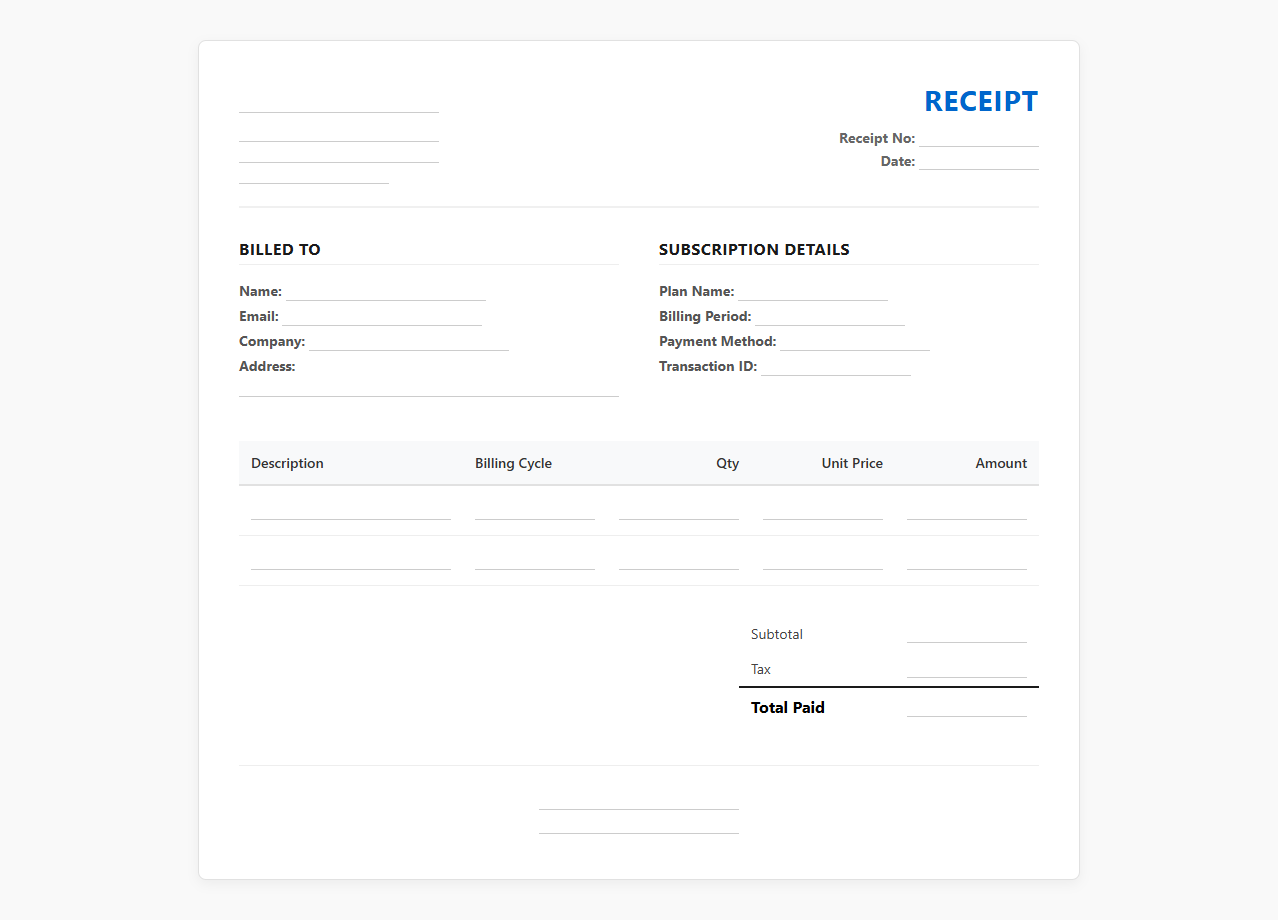 Subscription Service Payment Receipt Template