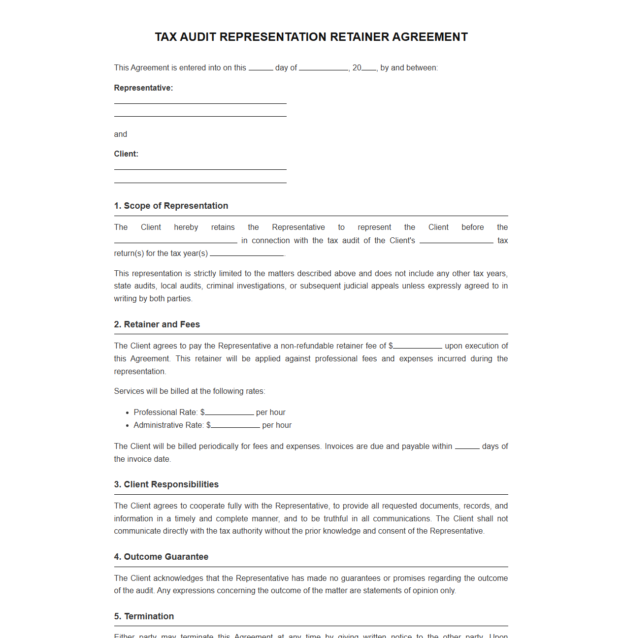 Tax Audit Representation Retainer Agreement Template