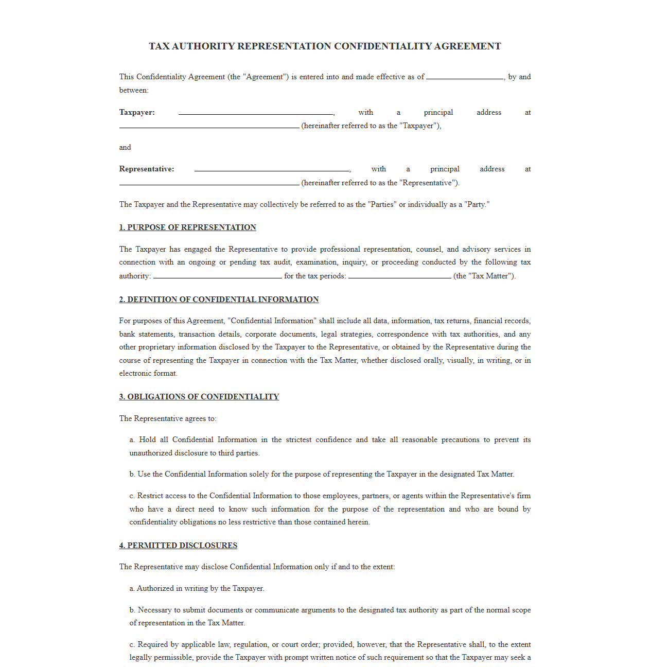 Tax Authority Representation Confidentiality Agreement