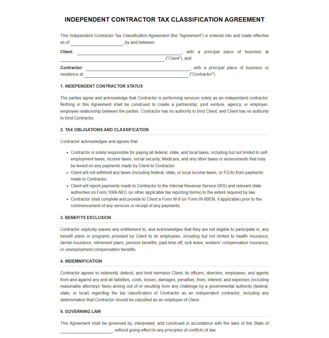 Tax Classification Agreement for Freelancers and Contractors