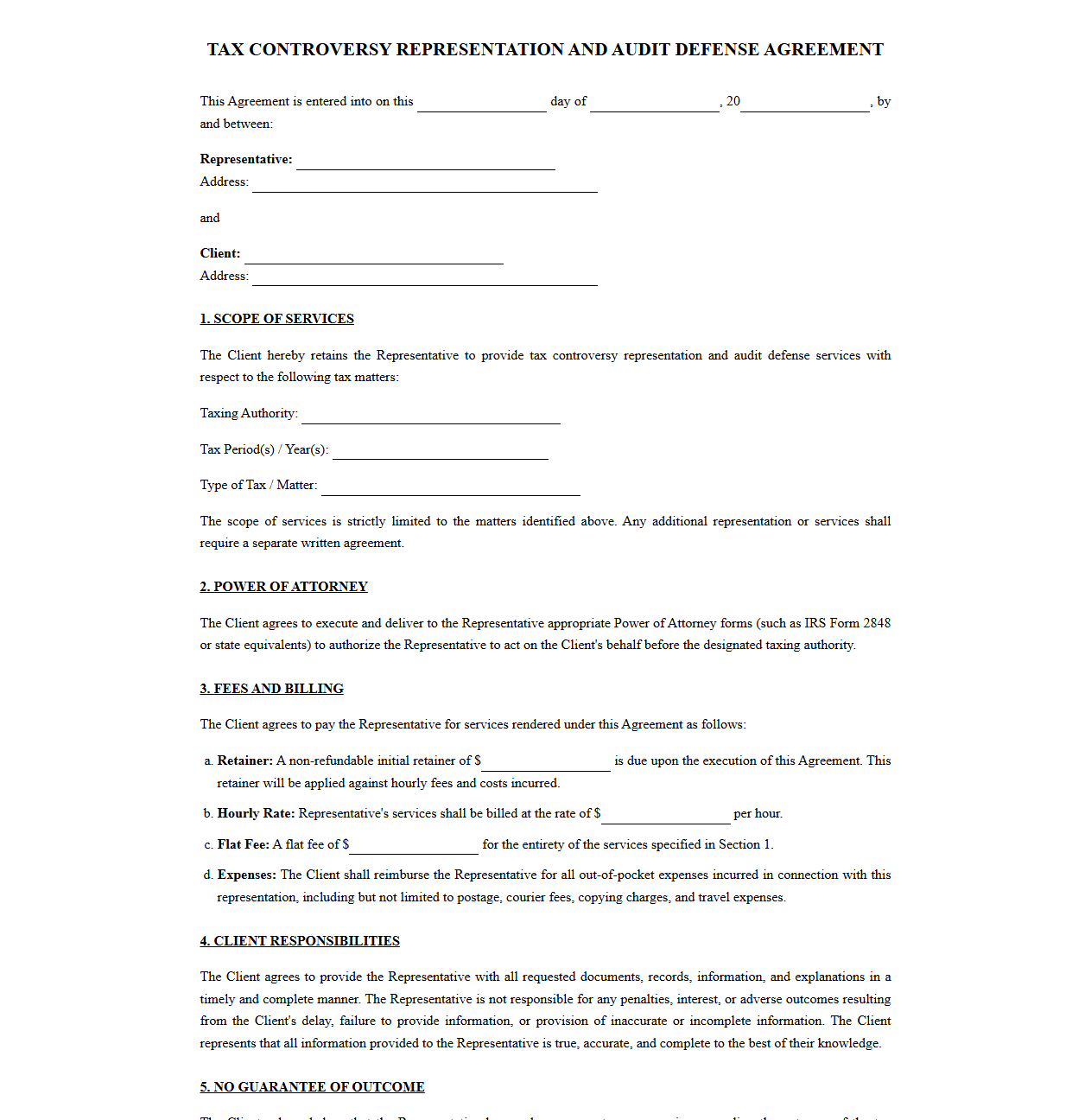 Tax Controversy Representation and Audit Defense Agreement