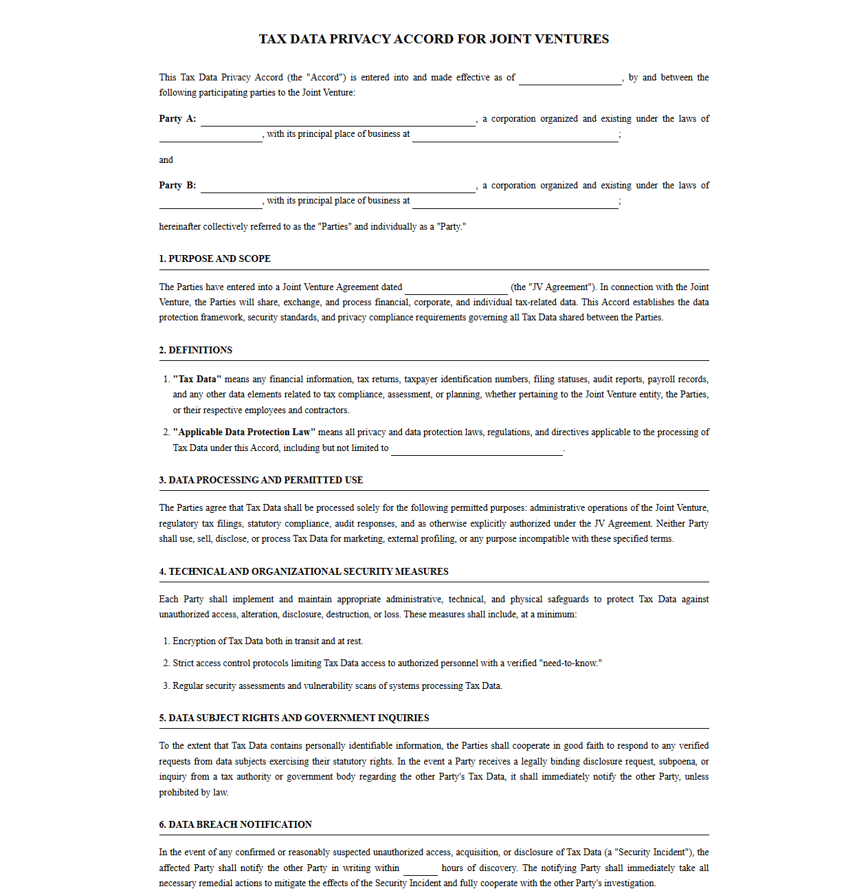 Tax Data Privacy Accord for Joint Ventures