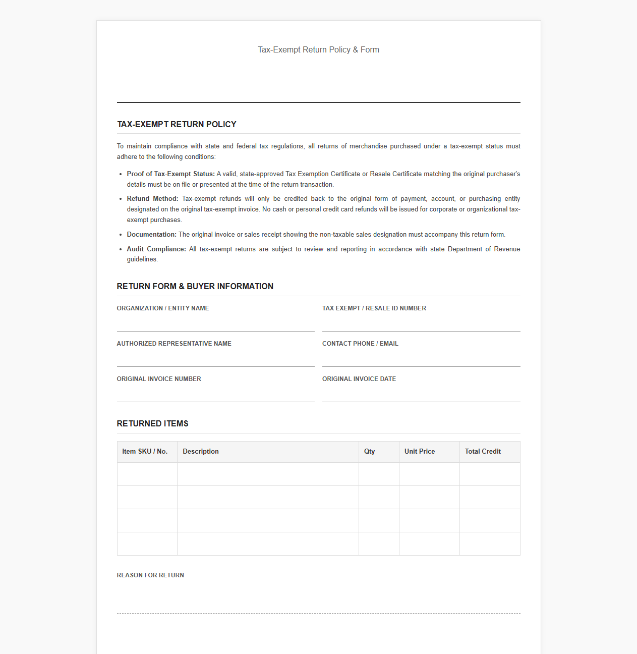 Tax-Exempt Return Policy and Form Template