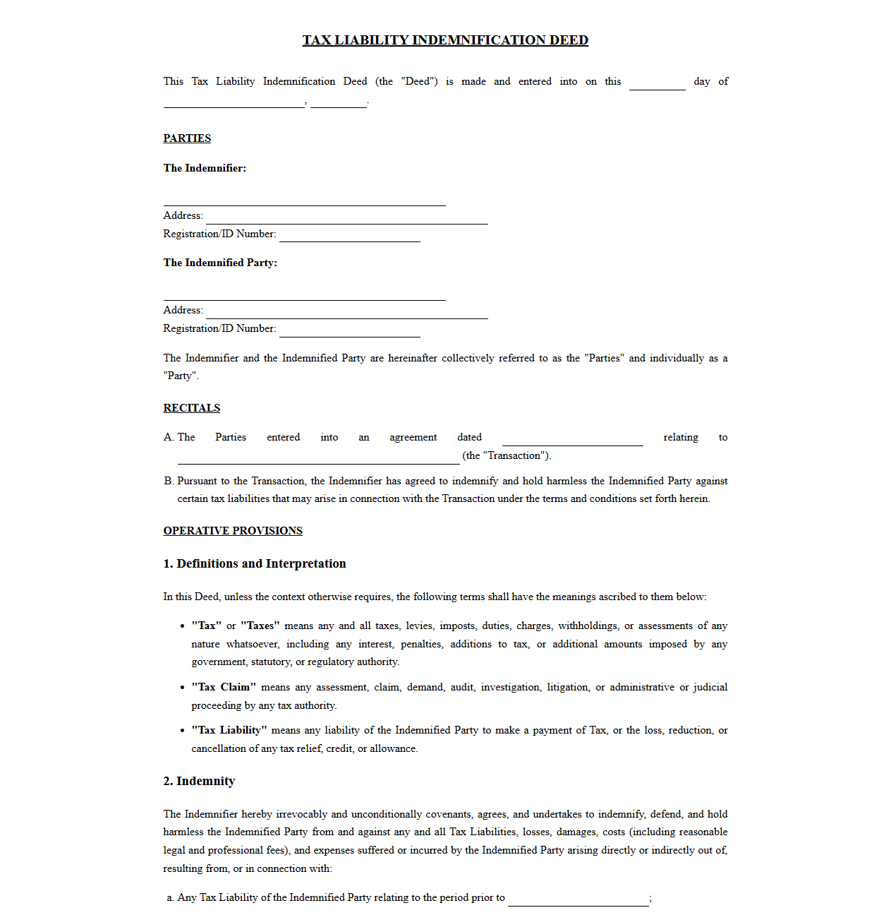 Tax Liability Indemnification Deed