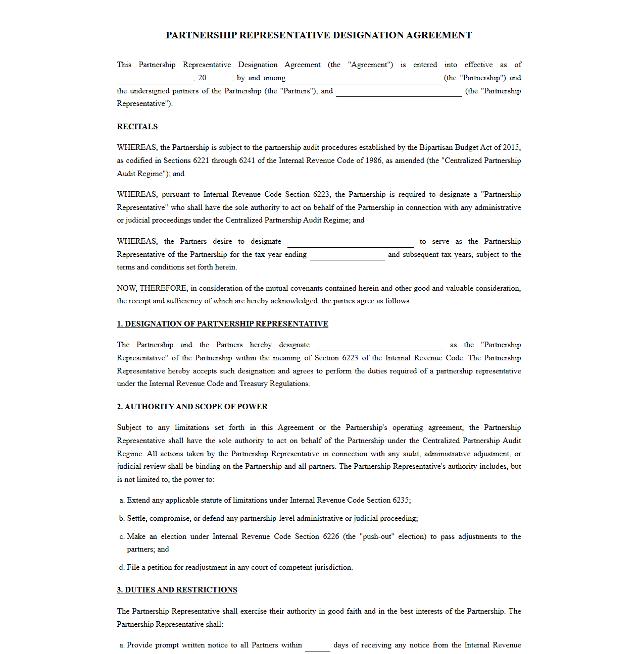Tax Partnership Representative Designation Template