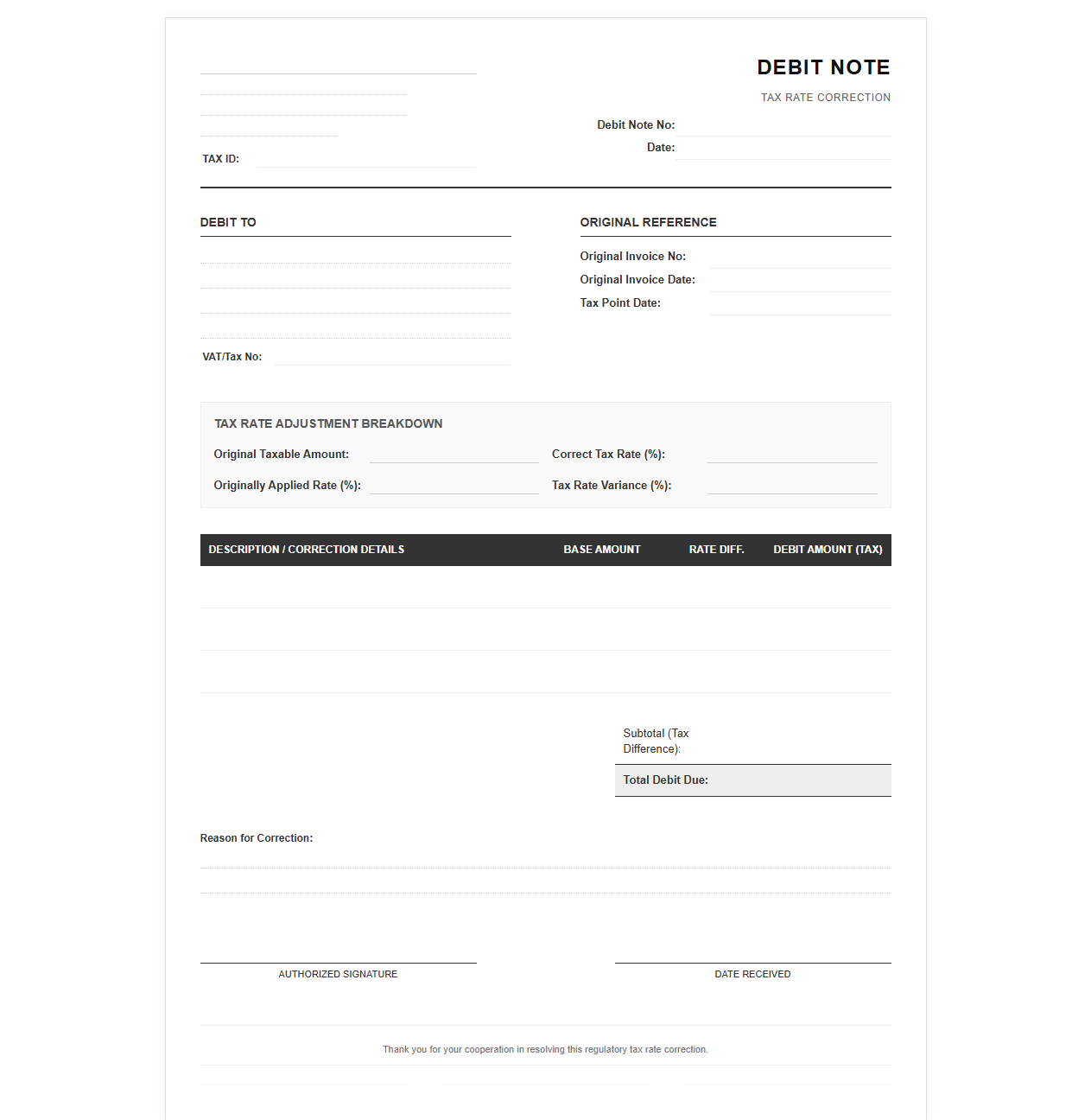 Tax Rate Correction Debit Note Template