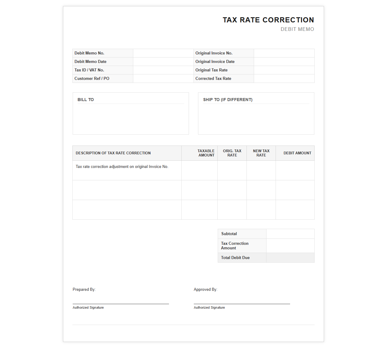 Tax Rate Increase Debit Memo Template