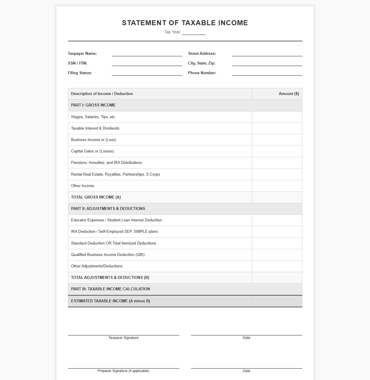Taxable Income Statement Template