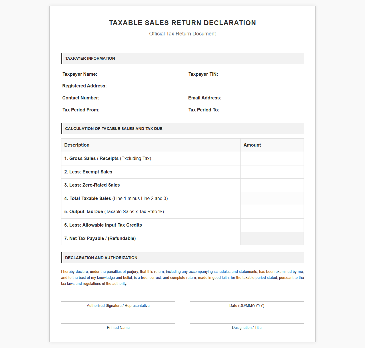 Taxable Sales Return Declaration Template