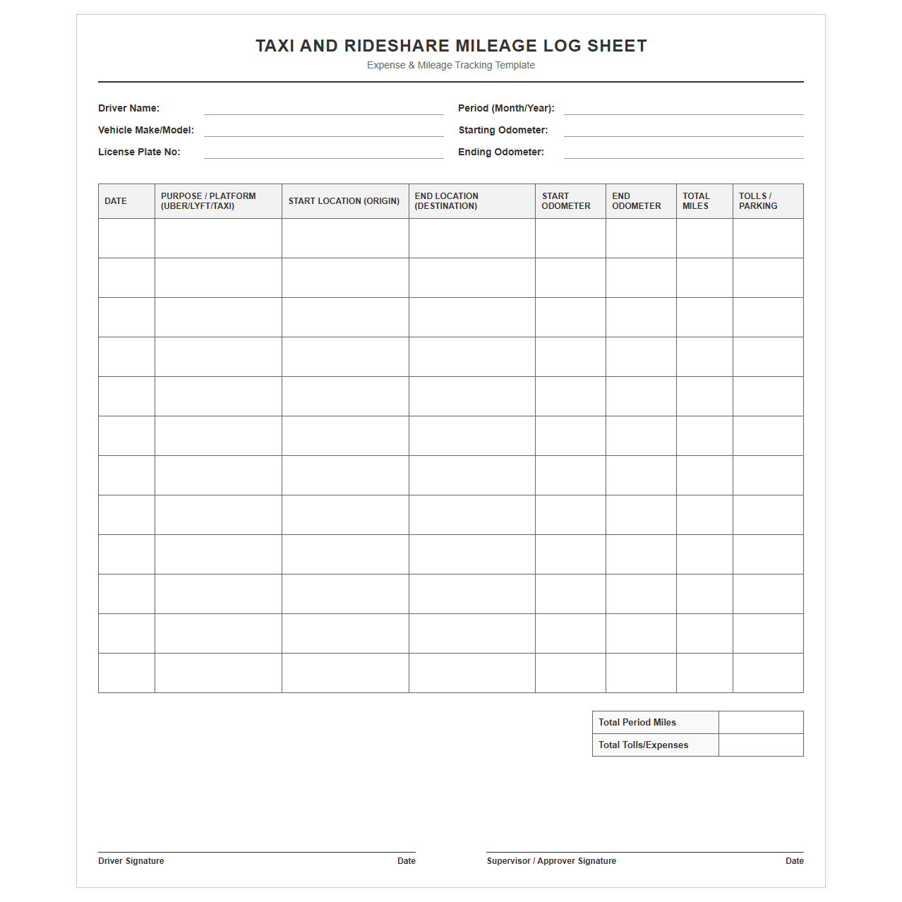 Taxi and Rideshare Mileage Log Sheet