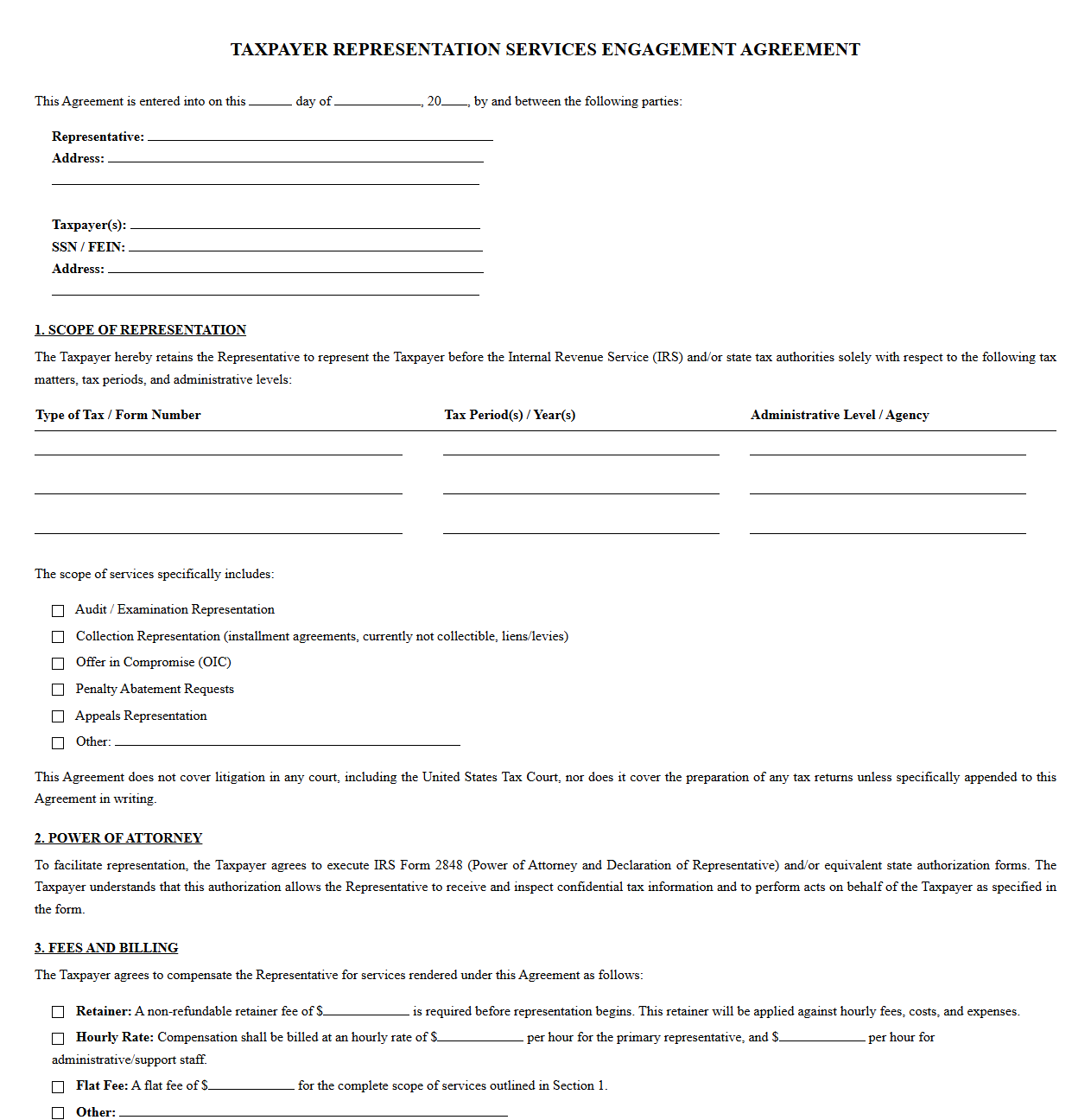 Taxpayer Representation Services Engagement Agreement