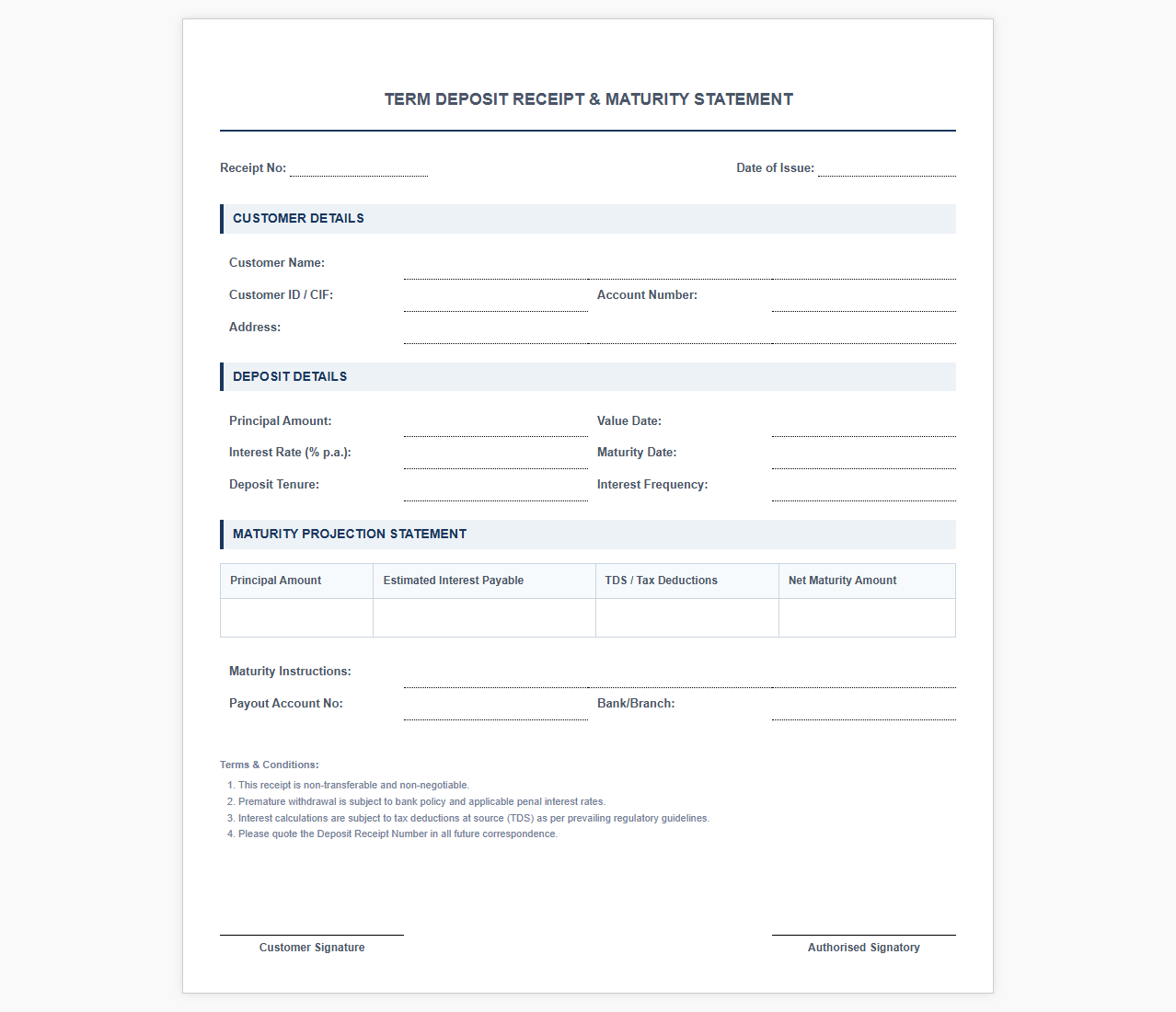 Term Deposit Receipt and Maturity Statement