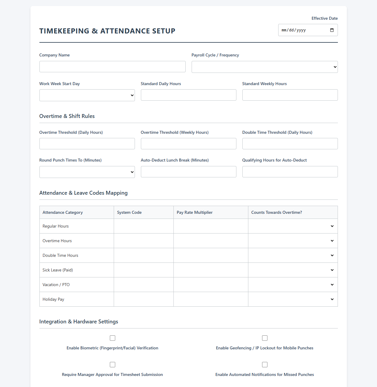 Timekeeping and Attendance Setup Sheet for Payroll
