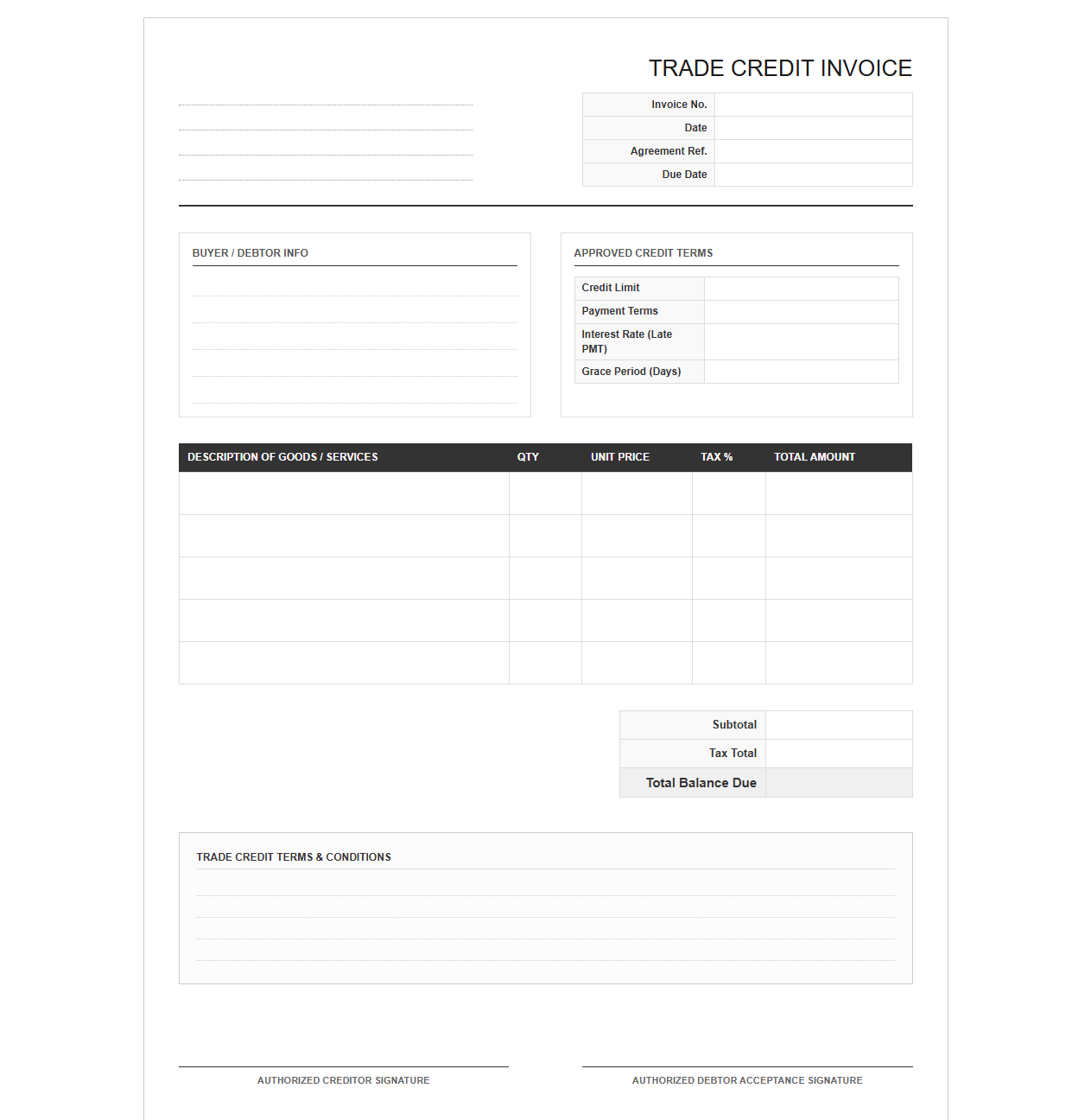 Trade Credit Agreement Invoice Layout