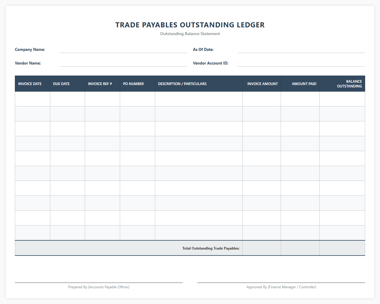 Trade Payables Outstanding Ledger Spreadsheet