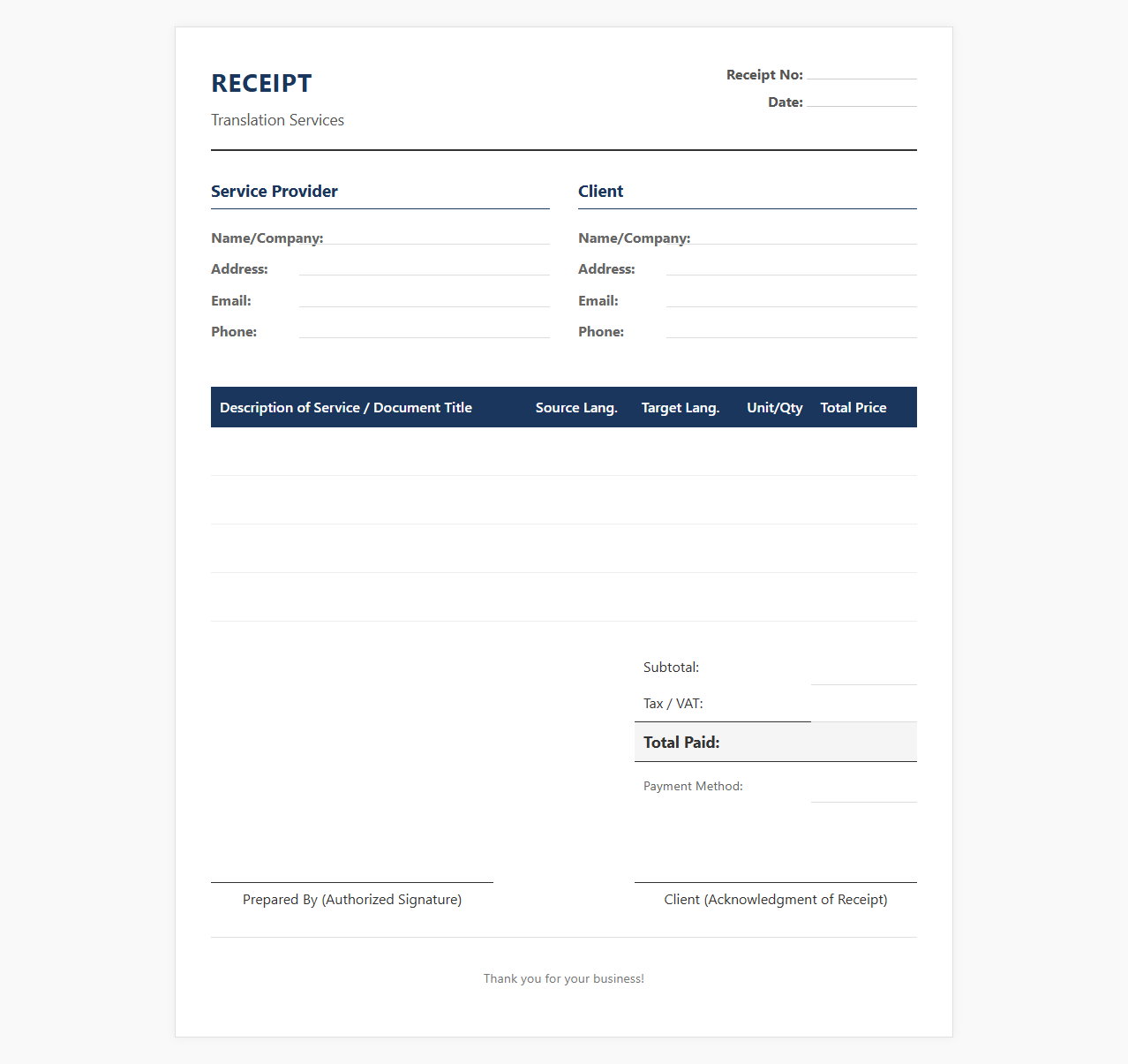 Translation Services Receipt Template