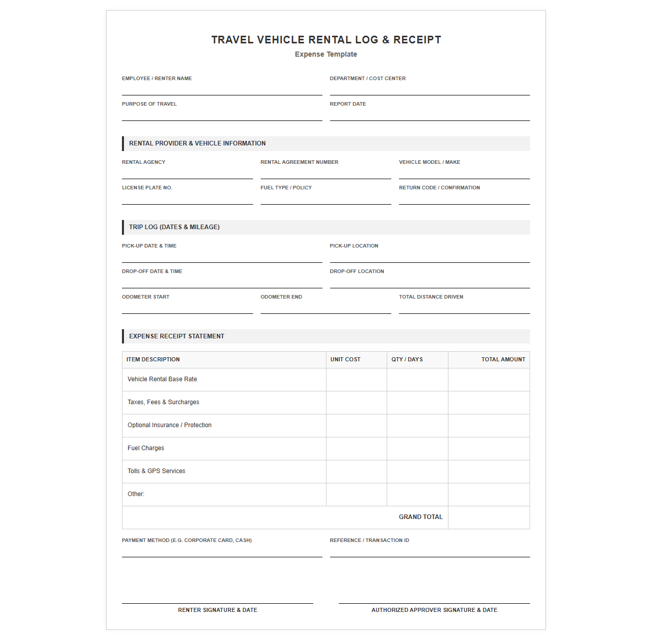 Travel Vehicle Rental Log and Receipt