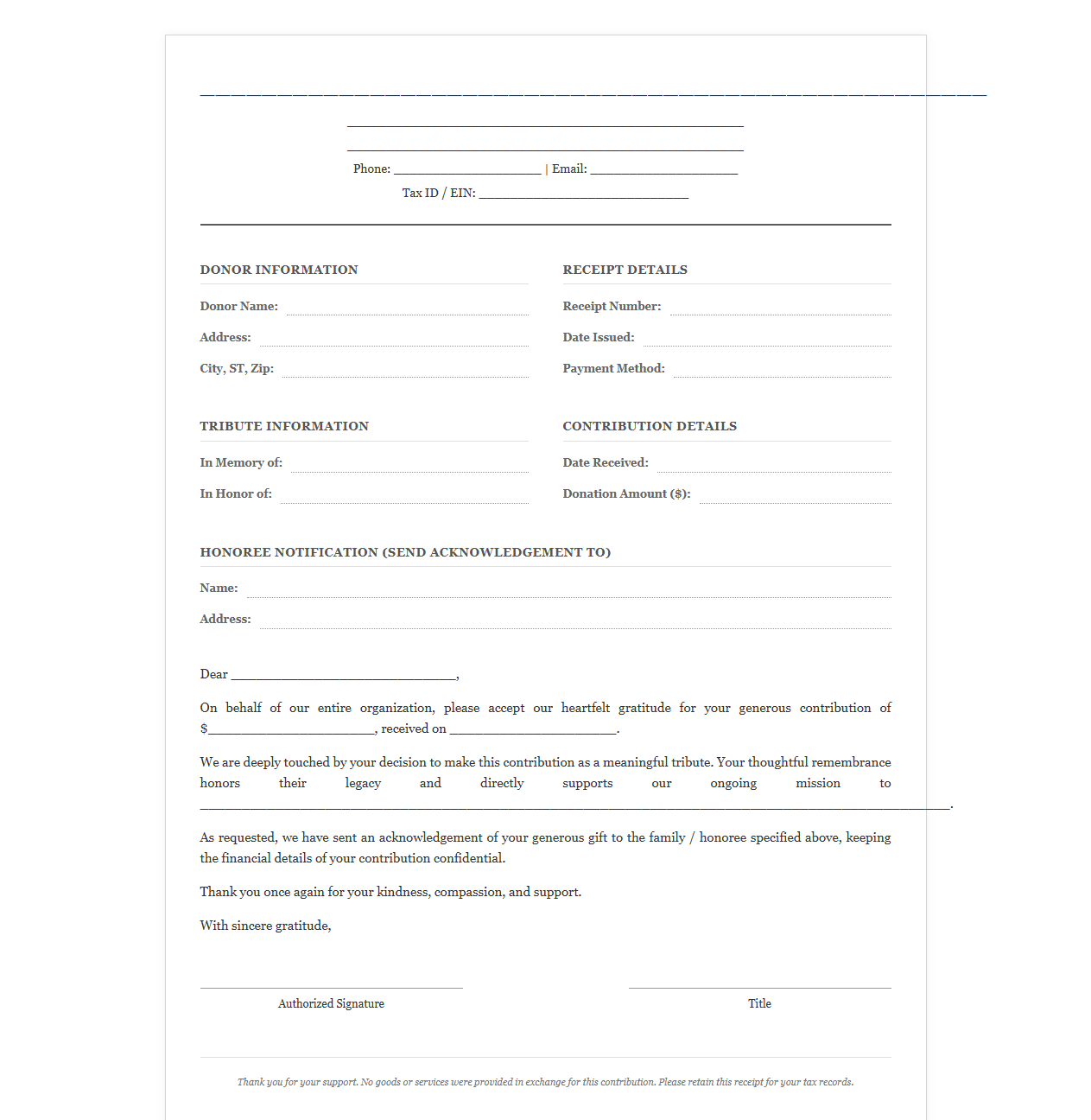Tribute Donation Receipt and Acknowledgement Letter