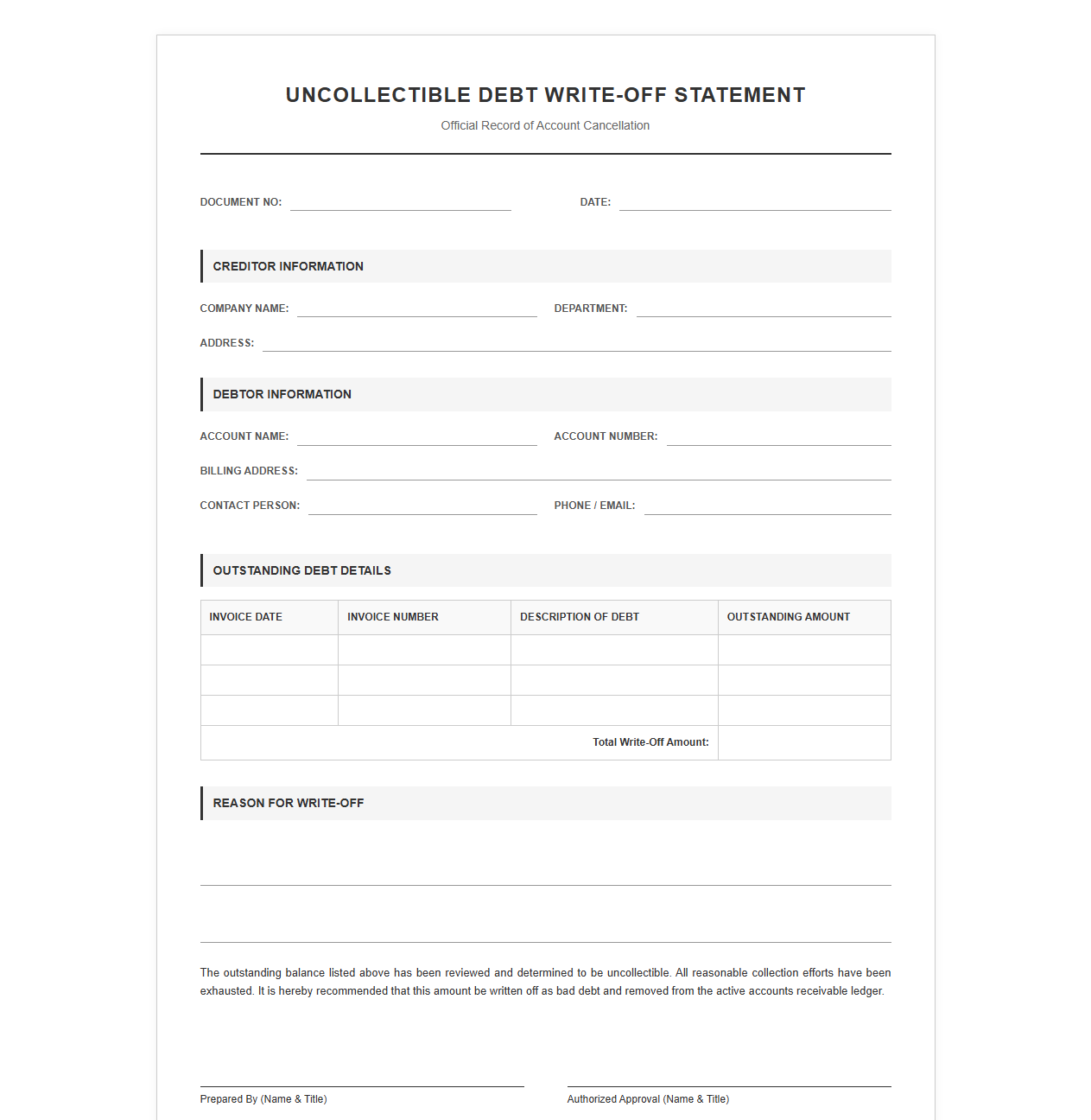 Uncollectible Debt Write-Off Statement