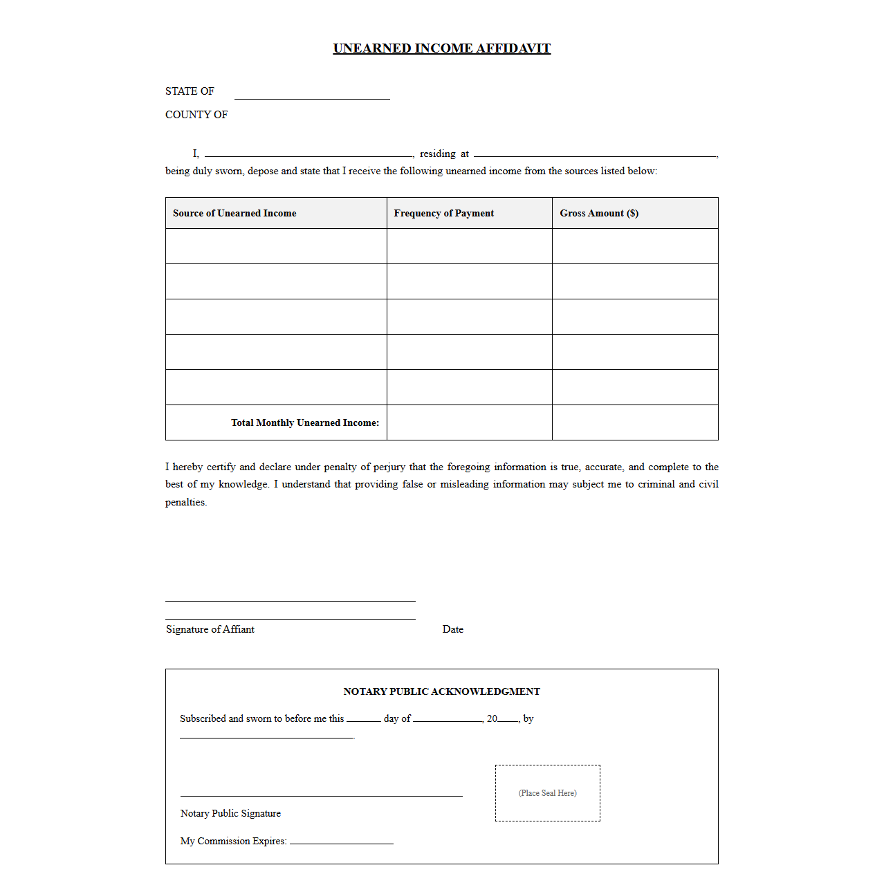 Unearned Income Affidavit Template
