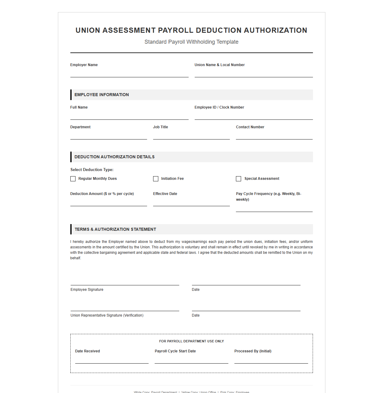 Union Assessment Payroll Deduction Template