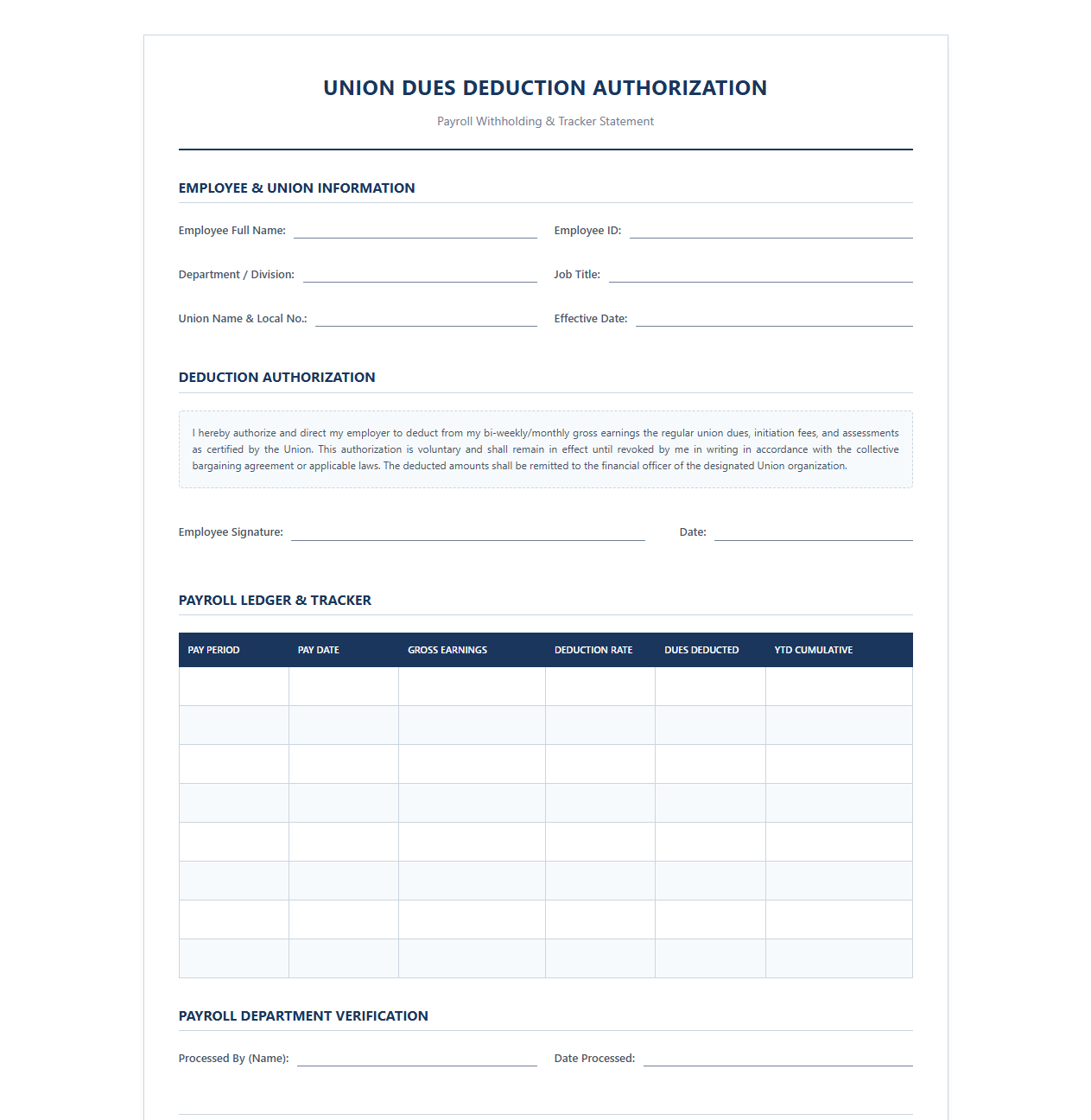 Union Dues Deduction Authorization and Payroll Tracker