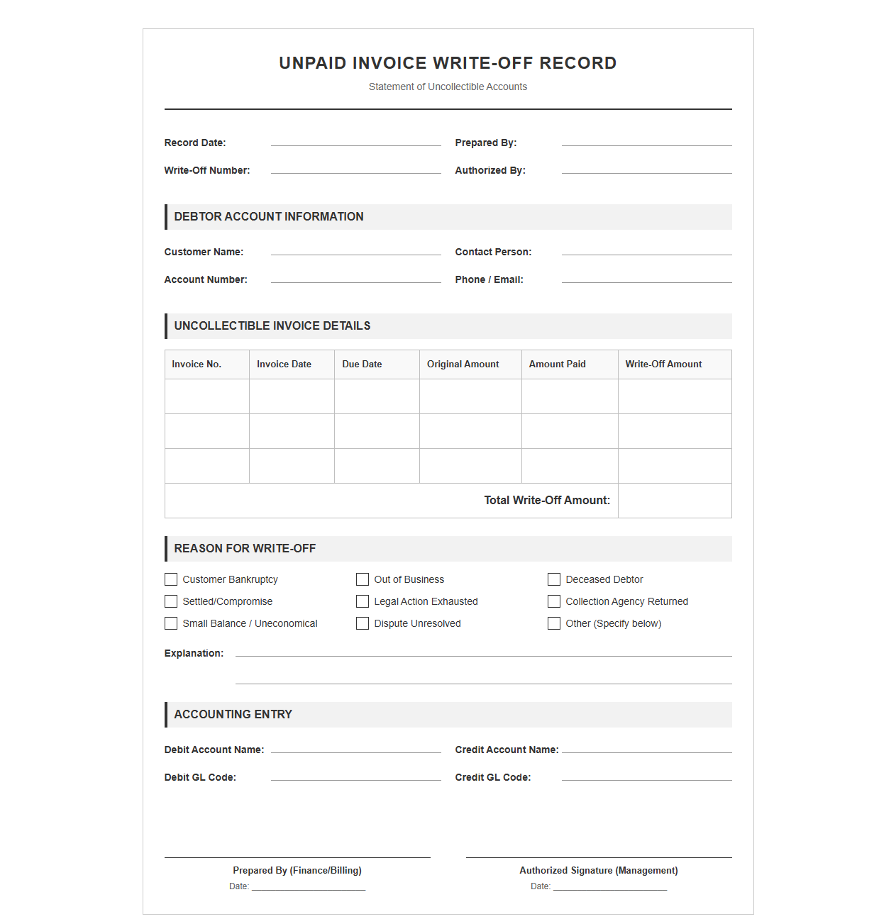 Unpaid Invoice Write-Off Record