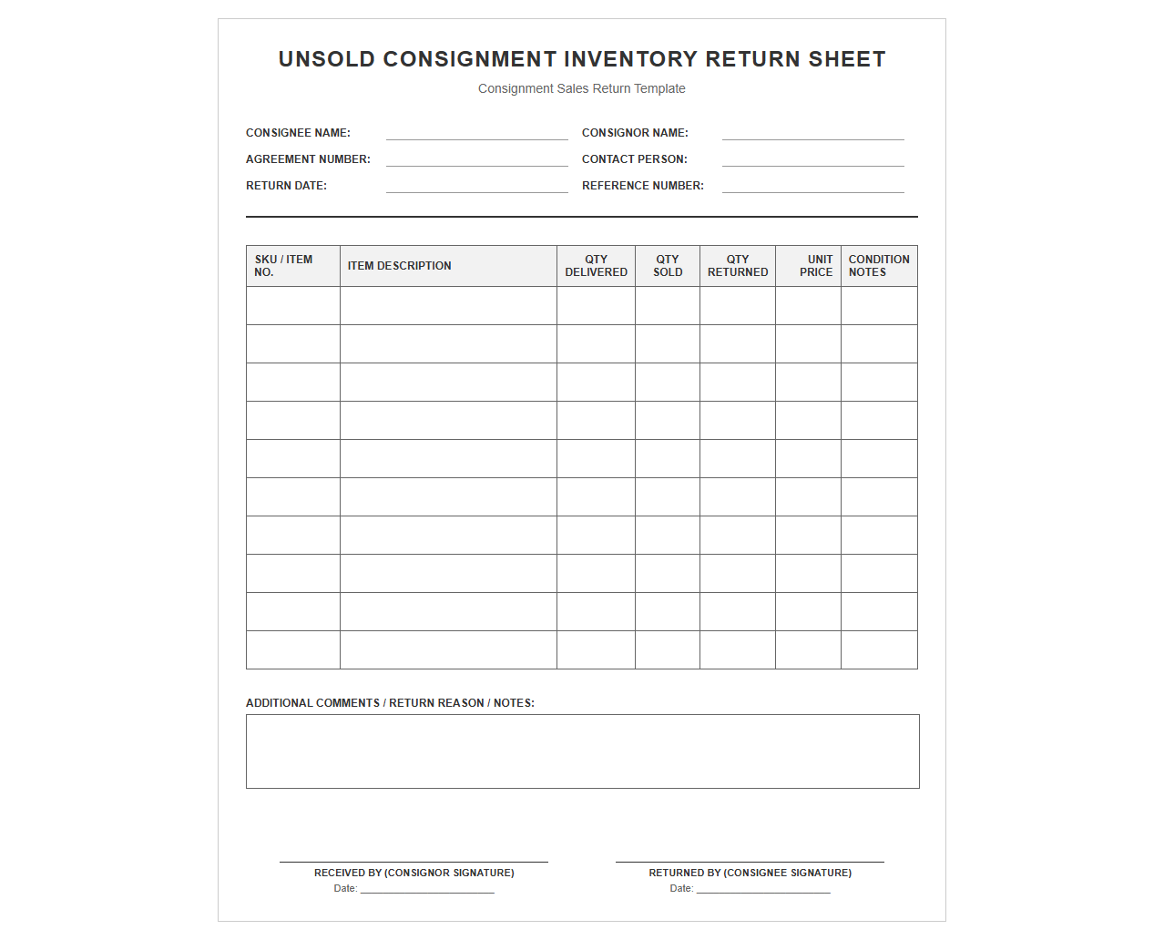 Unsold Consignment Inventory Return Sheet