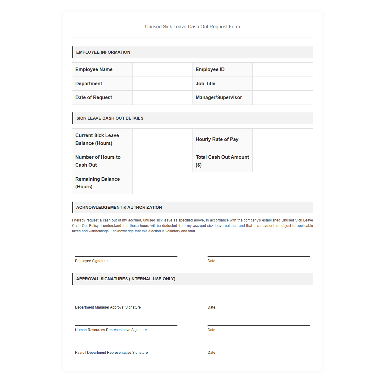 Unused Sick Leave Cash Out Request Form