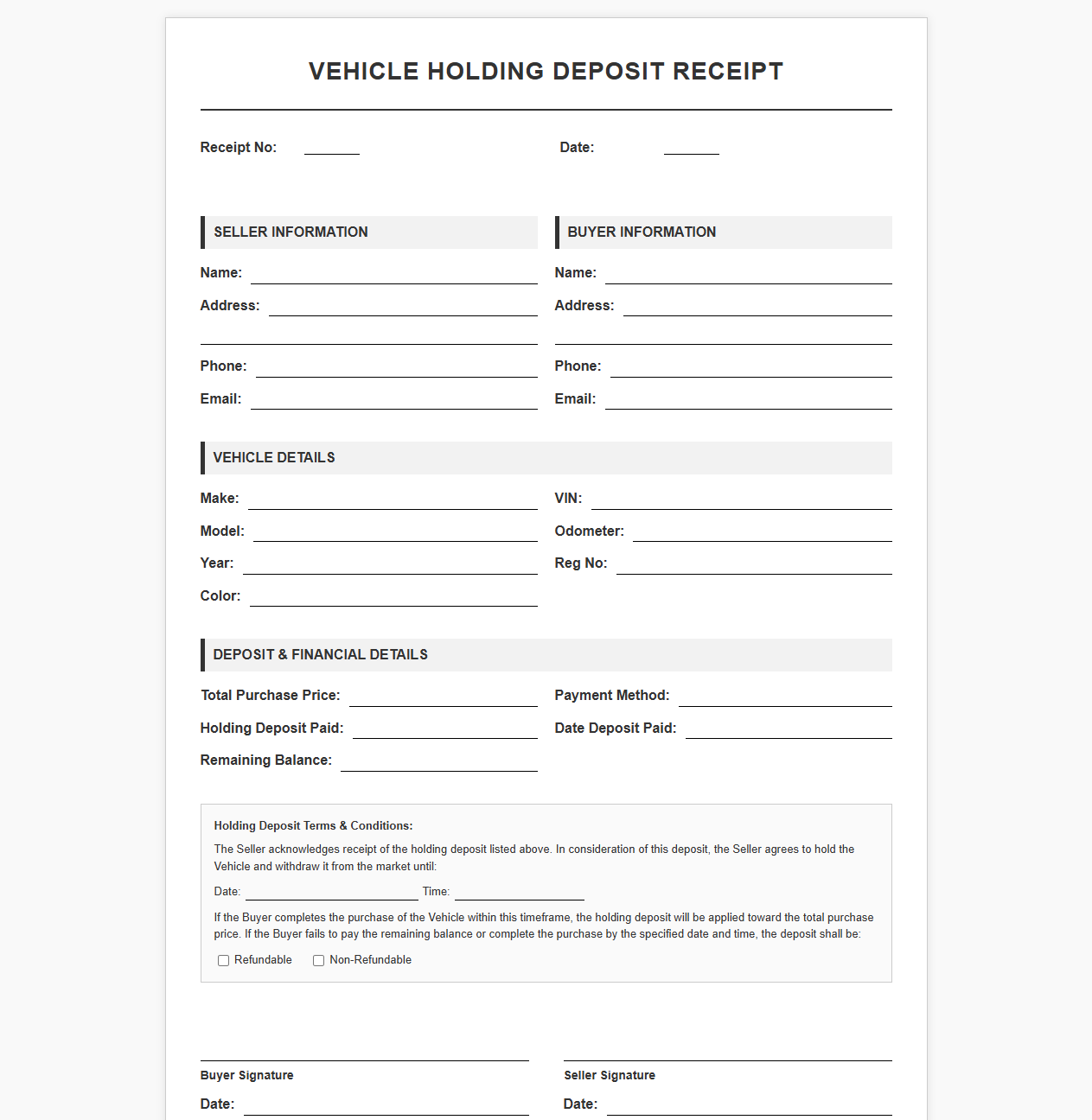 Vehicle Holding Deposit Receipt Template