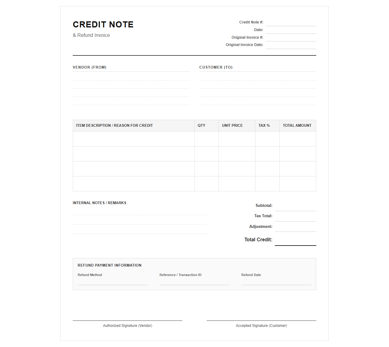 Vendor Credit Note and Refund Invoice