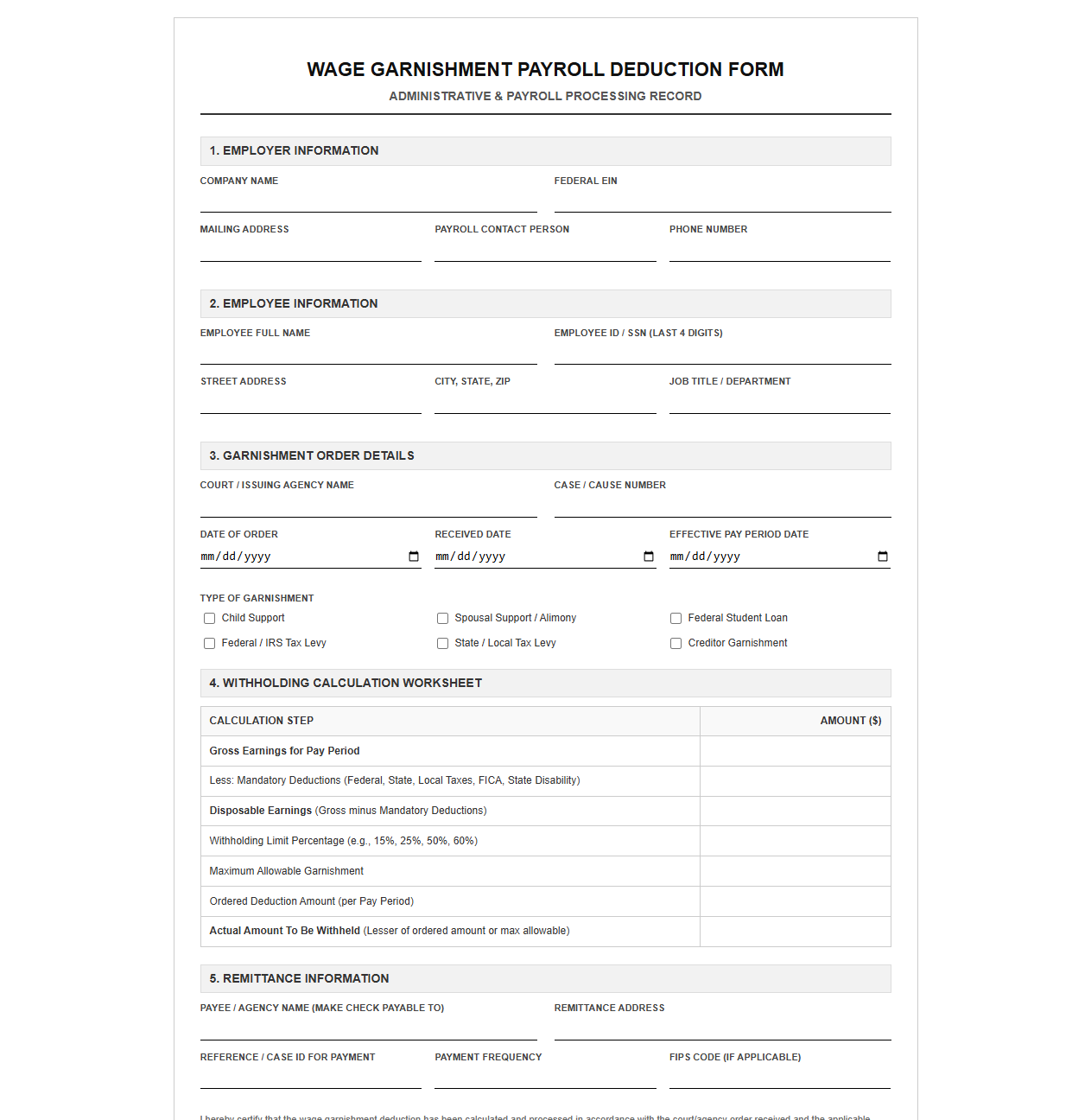 Wage Garnishment Payroll Deduction Form