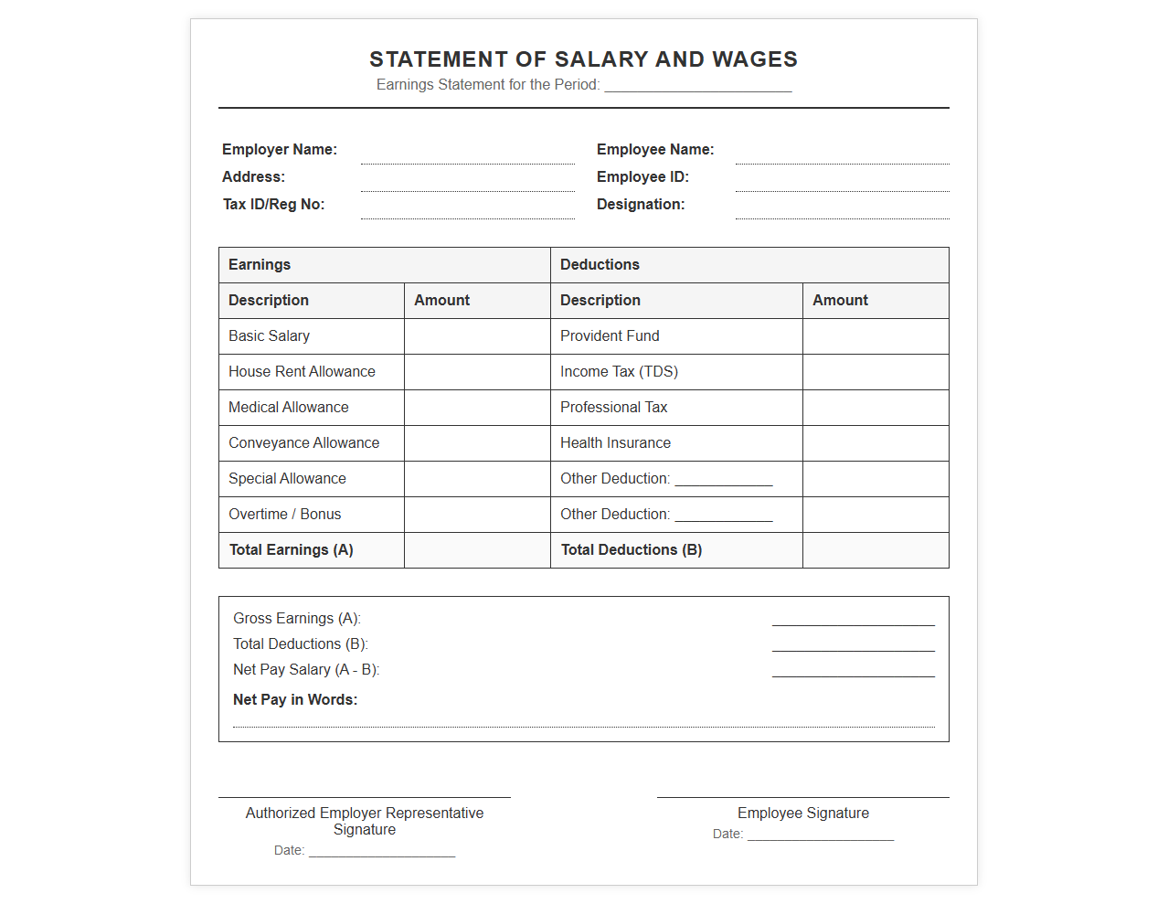 Wages and Salary Earnings Statement Format
