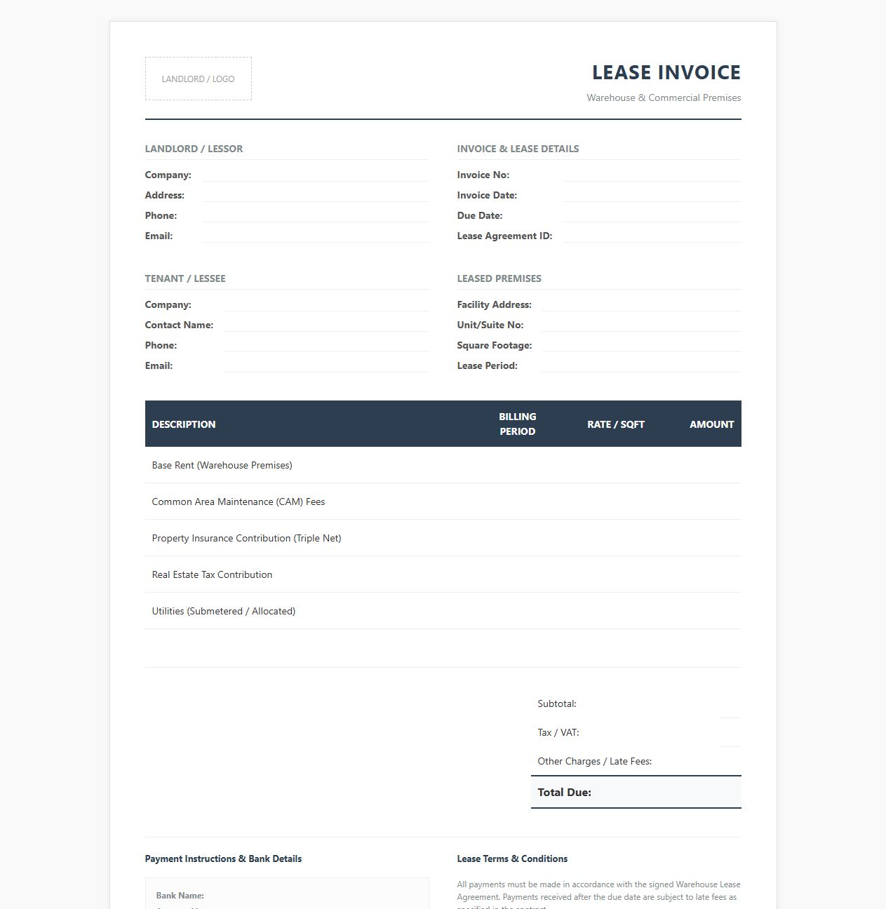 Warehouse Lease Agreement Invoice Template