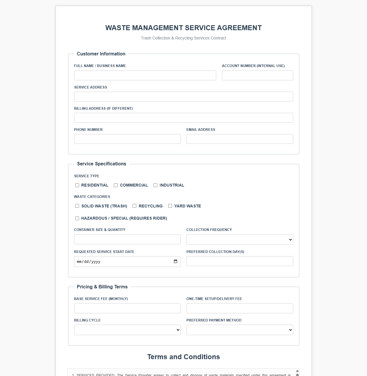 Waste Management Service Agreement Form