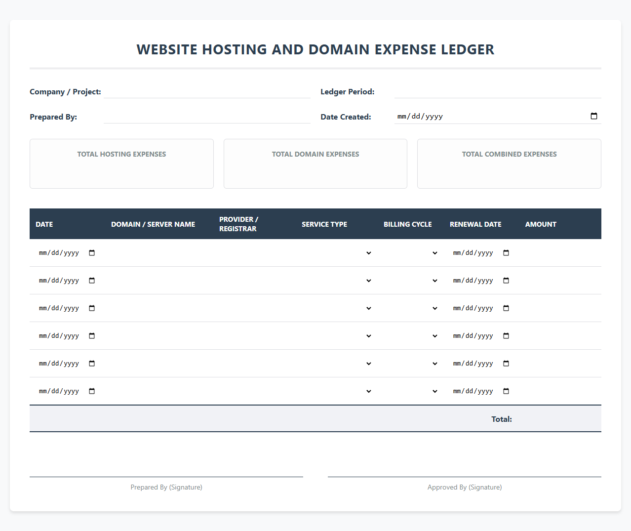 Website Hosting and Domain Expense Ledger
