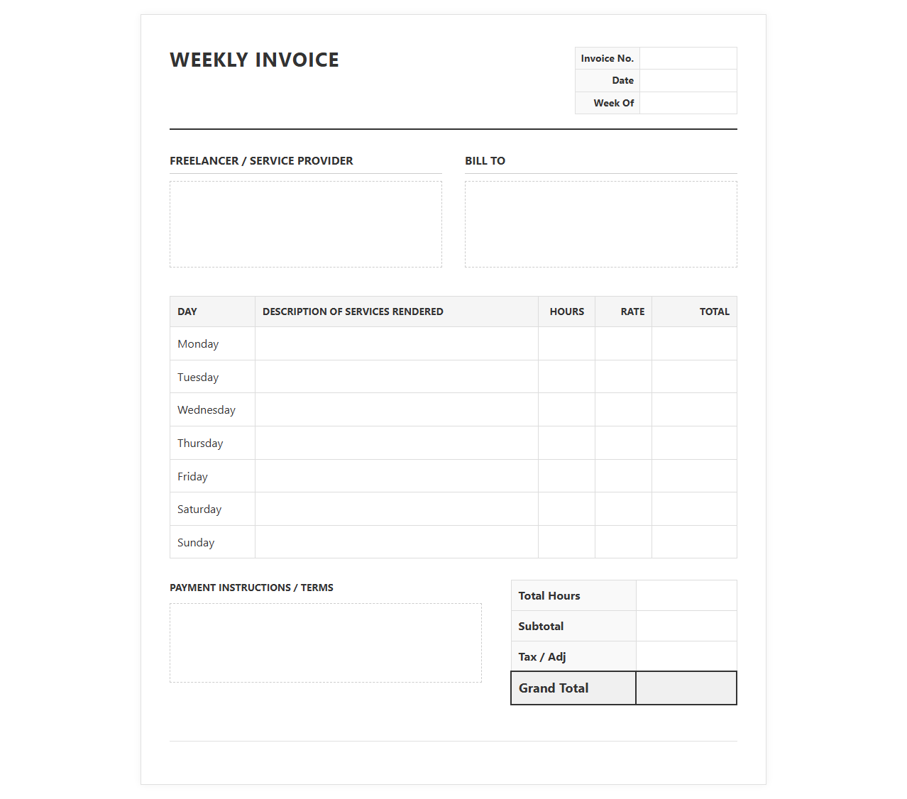 Weekly Freelancer Service Billing Template