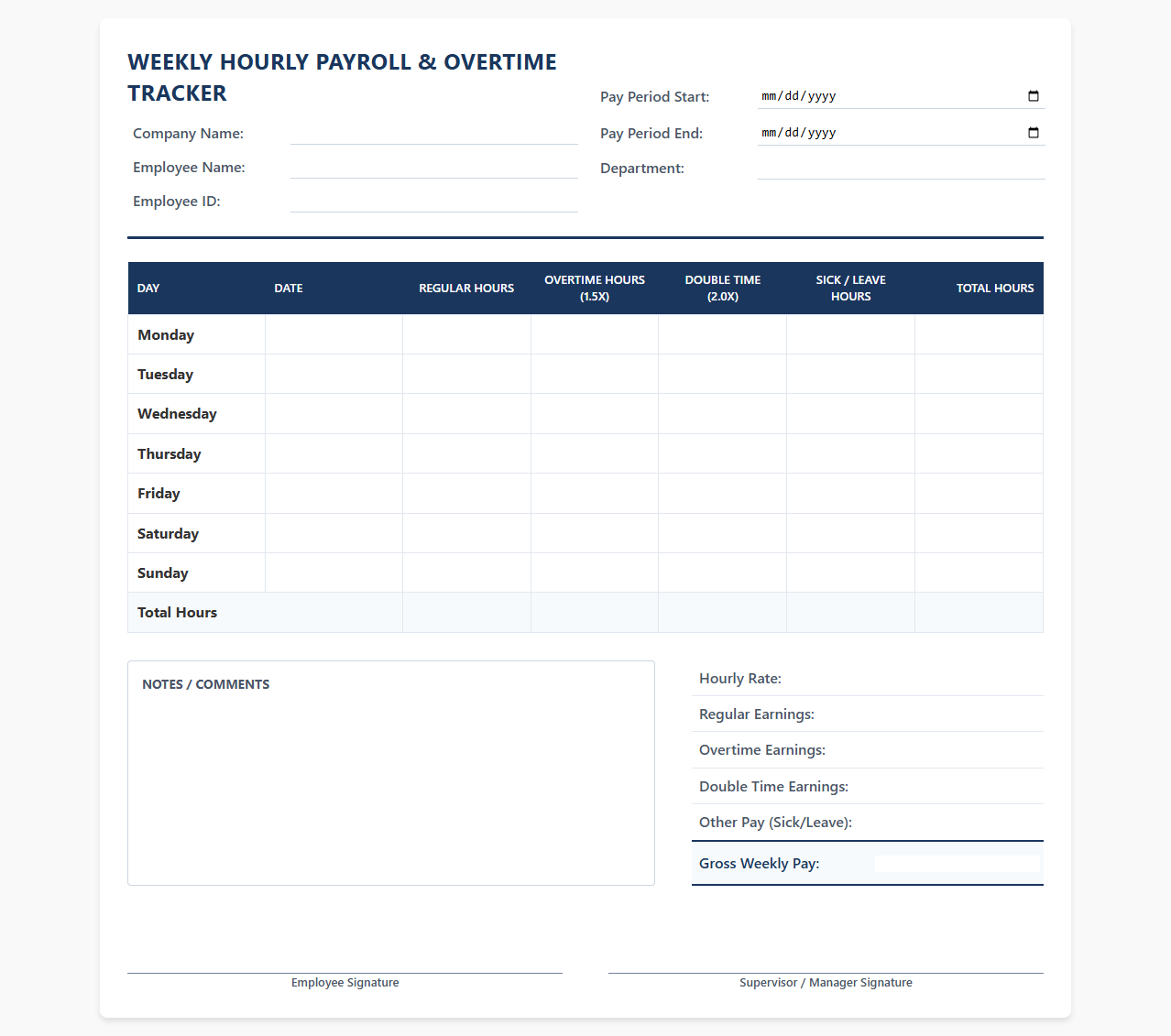 Weekly Hourly Payroll and Overtime Tracker