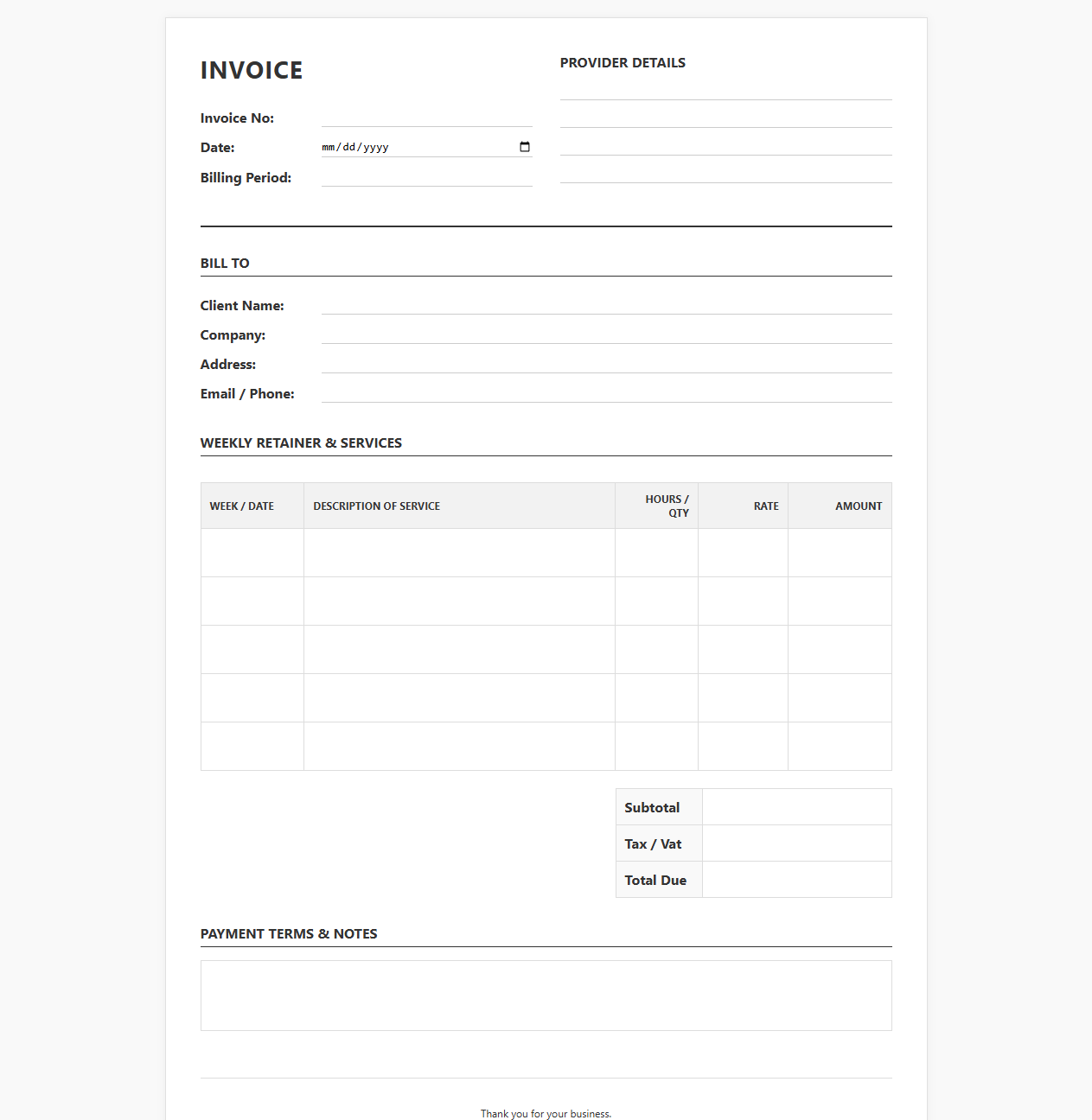 Weekly Retainer Service Invoice Form