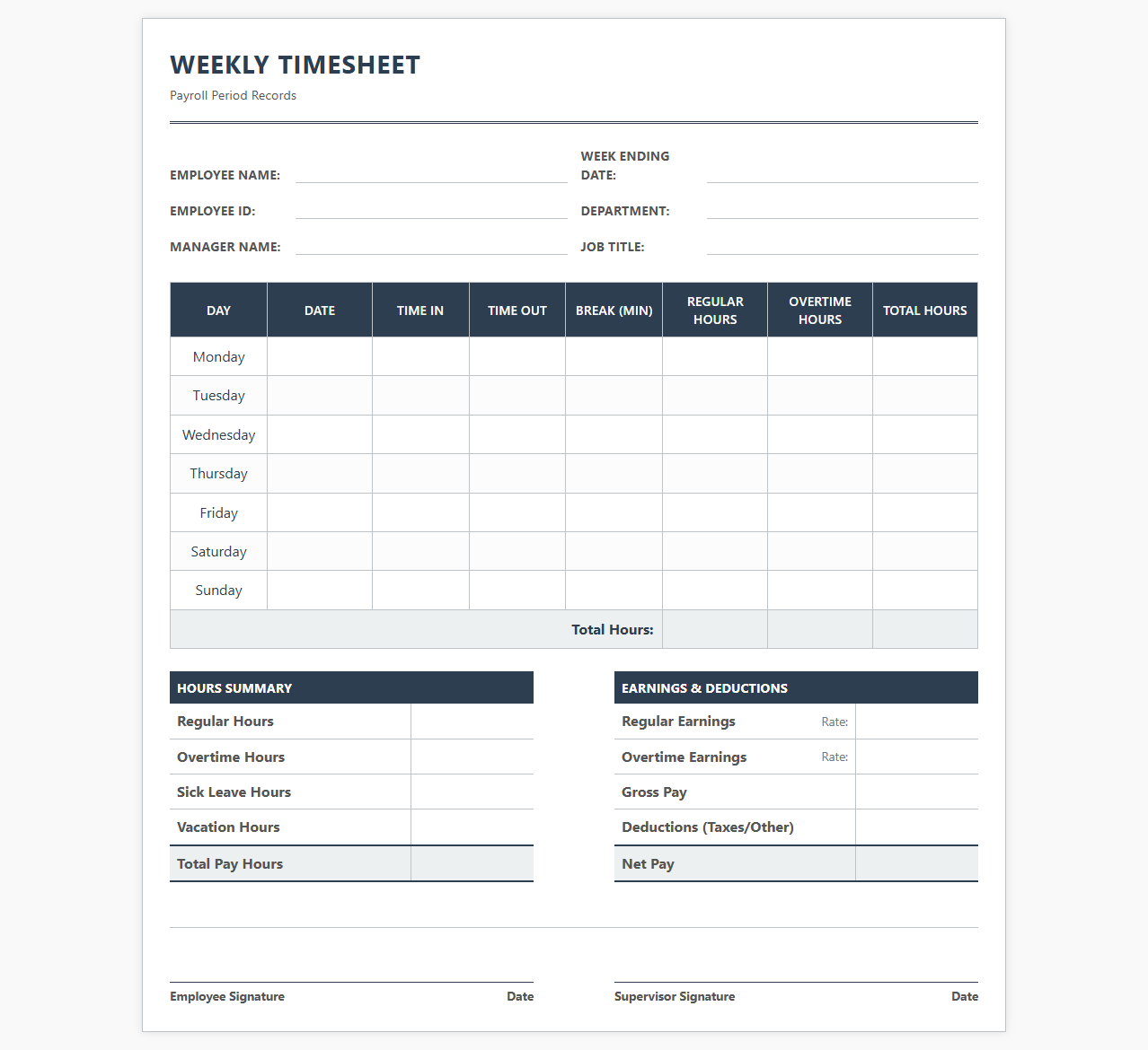 Weekly Timesheet with Payroll Calculations