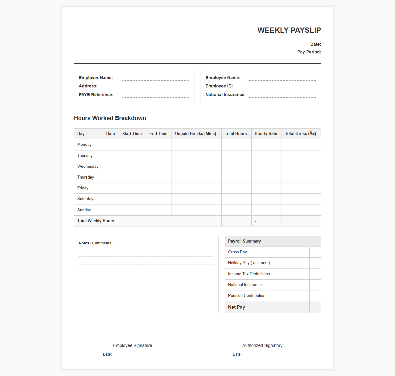 Weekly Zero-Hour Contract Payroll Template