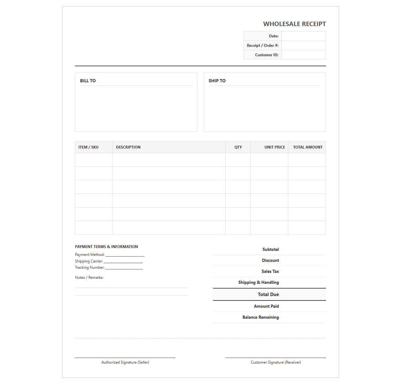 Wholesale Product Order and Sales Receipt
