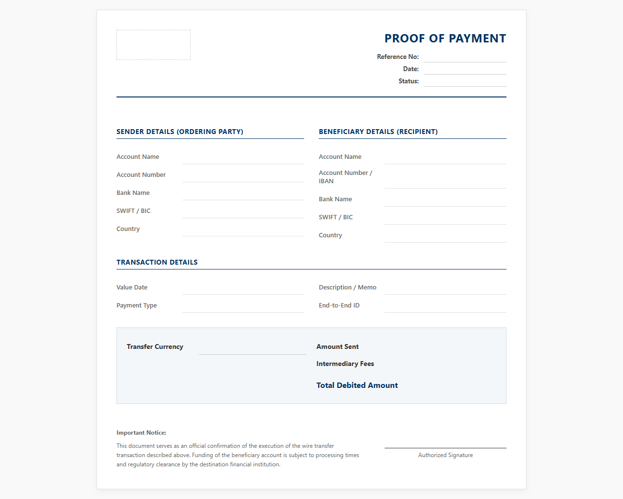 Wire Transfer Proof of Payment Template
