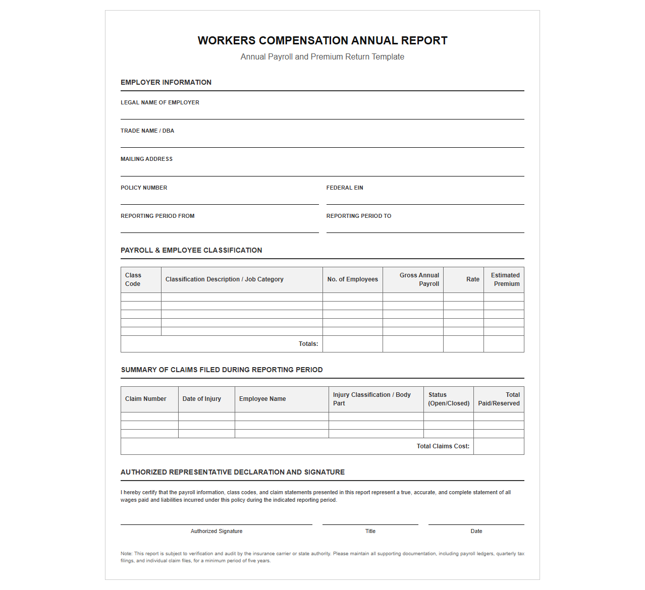 Workers Compensation Annual Reporting Template
