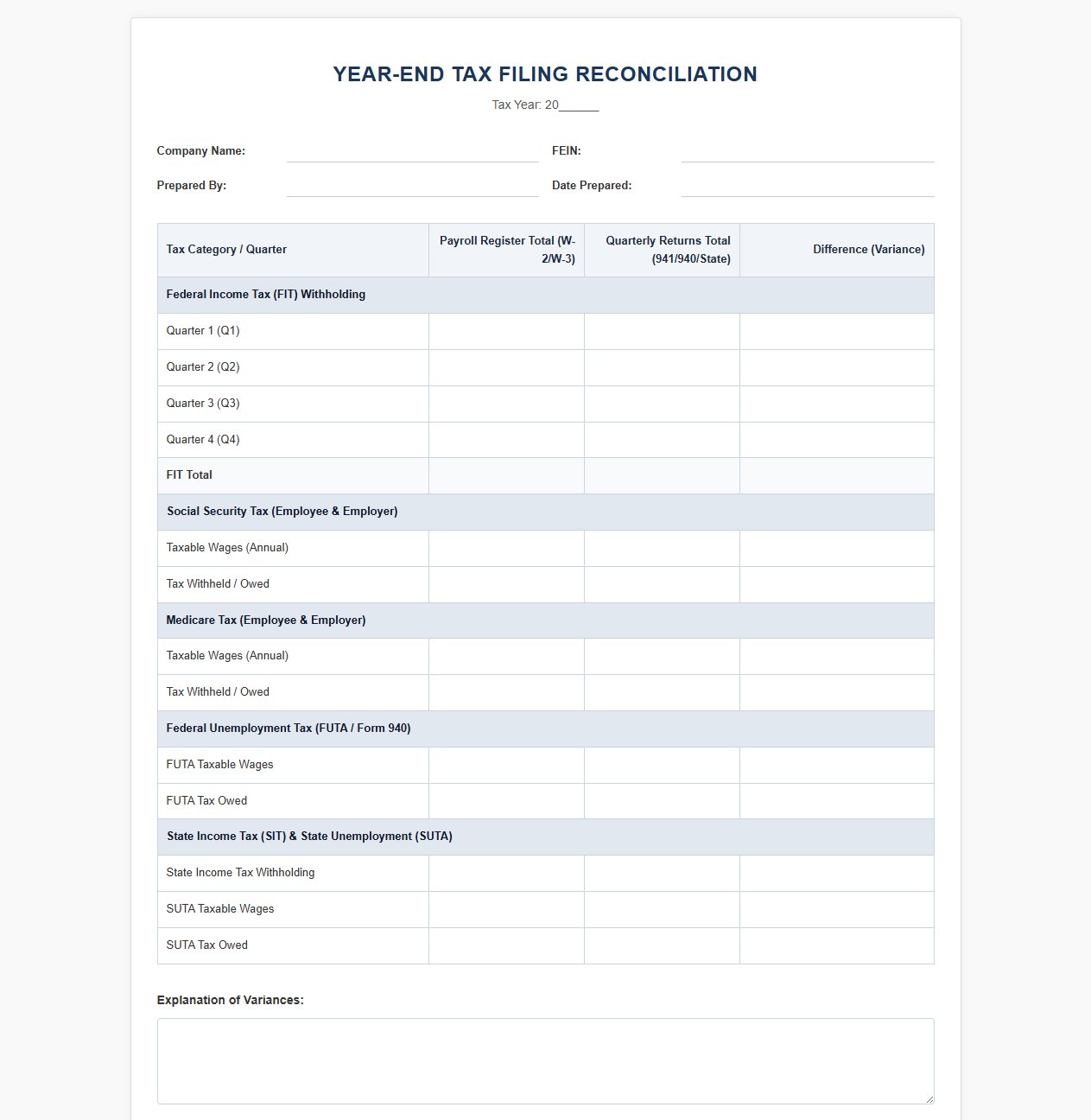 Year-End Tax Filing Reconciliation Template