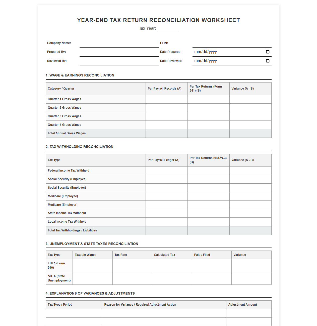 Year-End Tax Return Reconciliation Worksheet