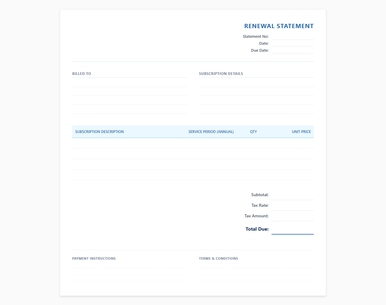 Yearly Renewal Subscription Invoice Statement