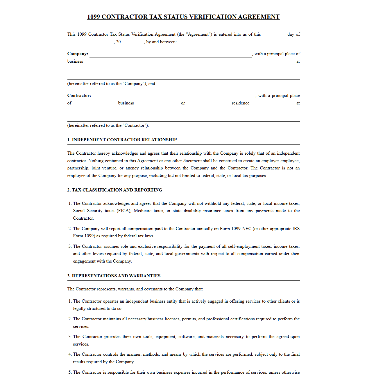 1099 Contractor Tax Status Verification Agreement