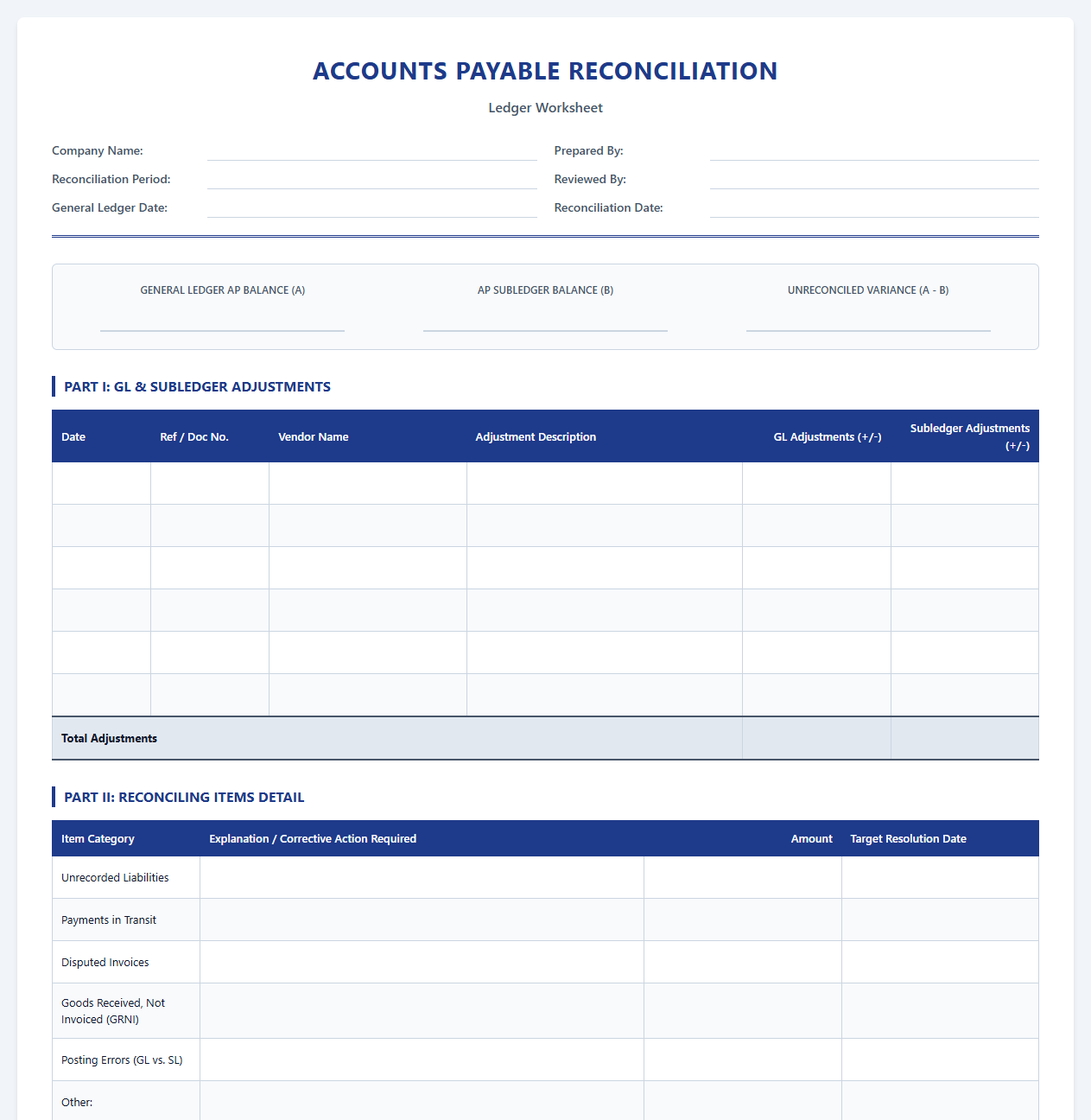 Accounts Payable Reconciliation Ledger Worksheet