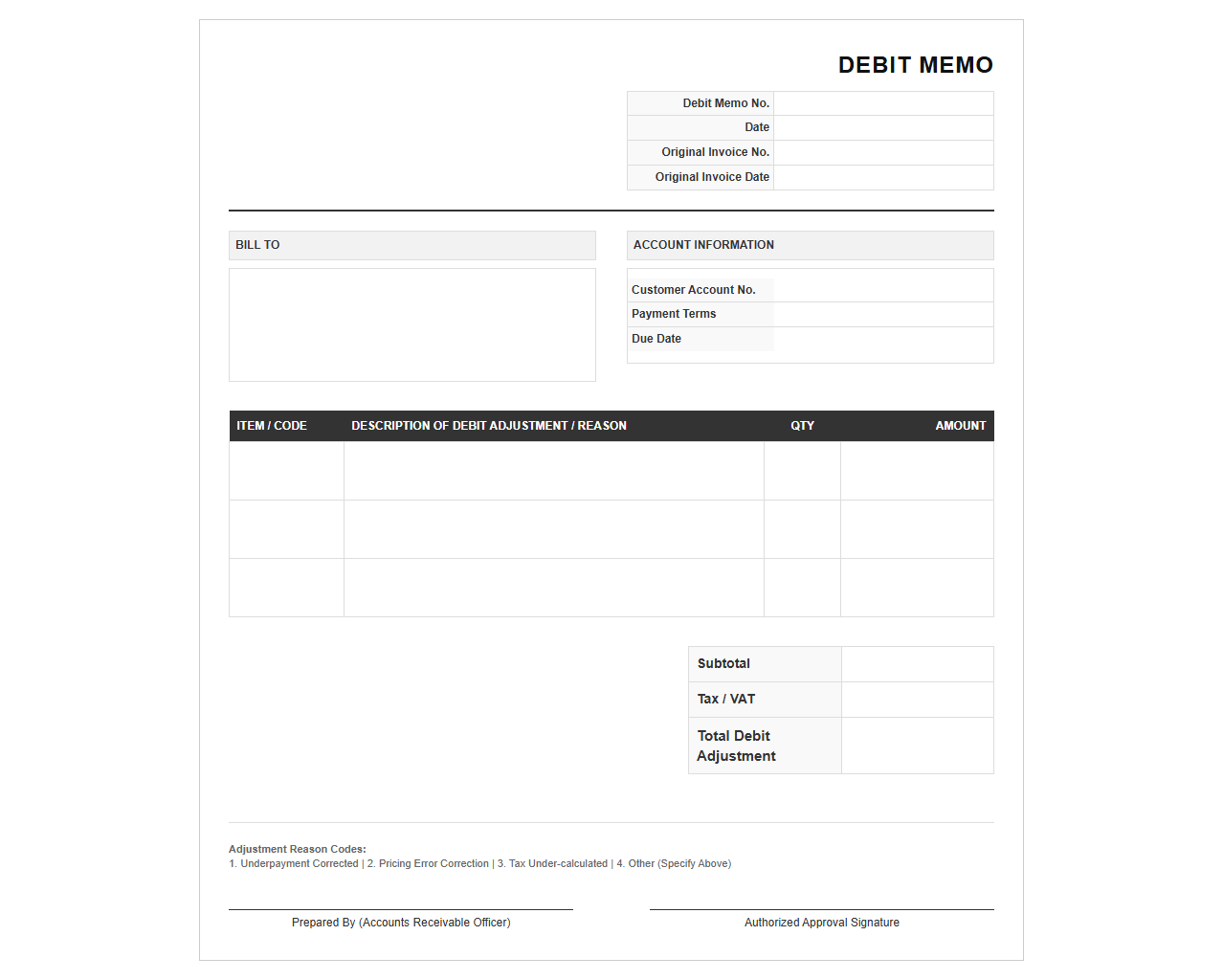 Accounts Receivable Debit Balance Adjustment Invoice